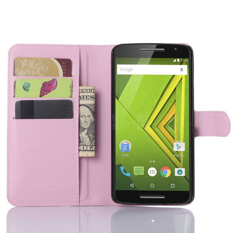 Motorola Moto X Play Case Litchi Leather Wallet Flip Card Slots Stand Holder