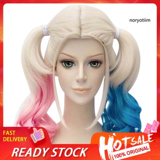 Tóc giả xoăn dài màu hồng xanh dương để hóa trang Harley Quinn