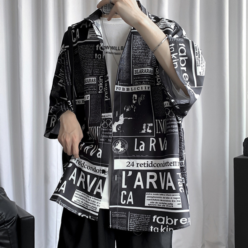 Áo Sơ Mi Tay Ngắn In Họa Tiết Báo Chí 5 Tay Ngắn Thời Trang Mùa Hè Hàn Quốc Cho Nam