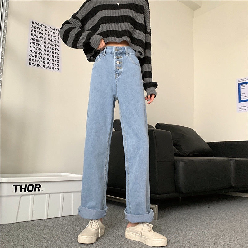 IELGY Quần denim Lưng Cao Dáng Rộng Màu Xanh Dương Phong Cách Hàn Quốc Thời Trang Cho Nữ