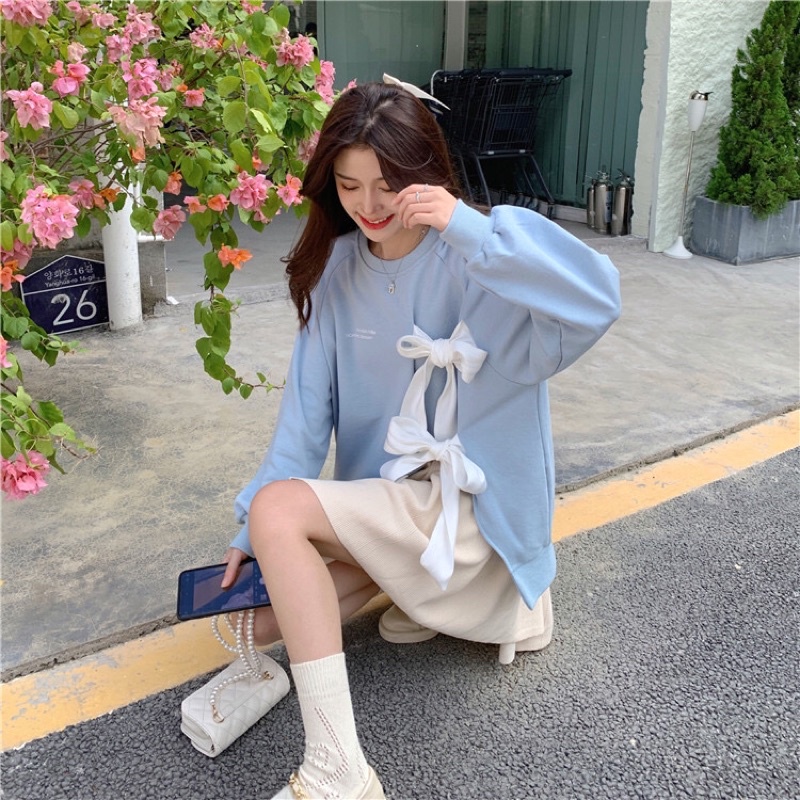 Váy thu đông áo sweater tiểu thư buộc nơ + chân váy cạp chun co giãn