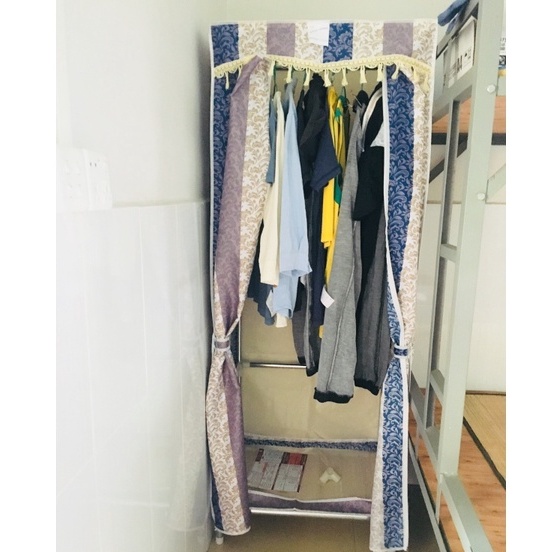 Tủ quần áo Vải 3D Đựng Quần Áo 1 Buồng 2 Ngăn treo quần áo tiện dụng cửa rèm dễ lắp ráp