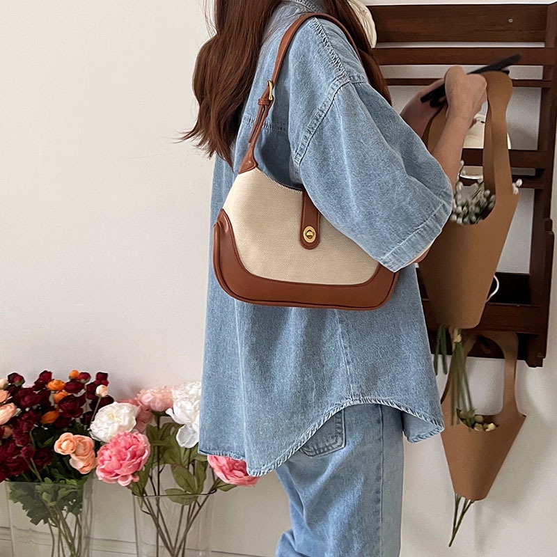 [CÓ SẴN] Kèm ảnh thật TÚI ĐEO VAI TÚI KẸP NÁCH CANVAS PHỐI DA PHONG CÁCH HÀN QUỐC RETRO