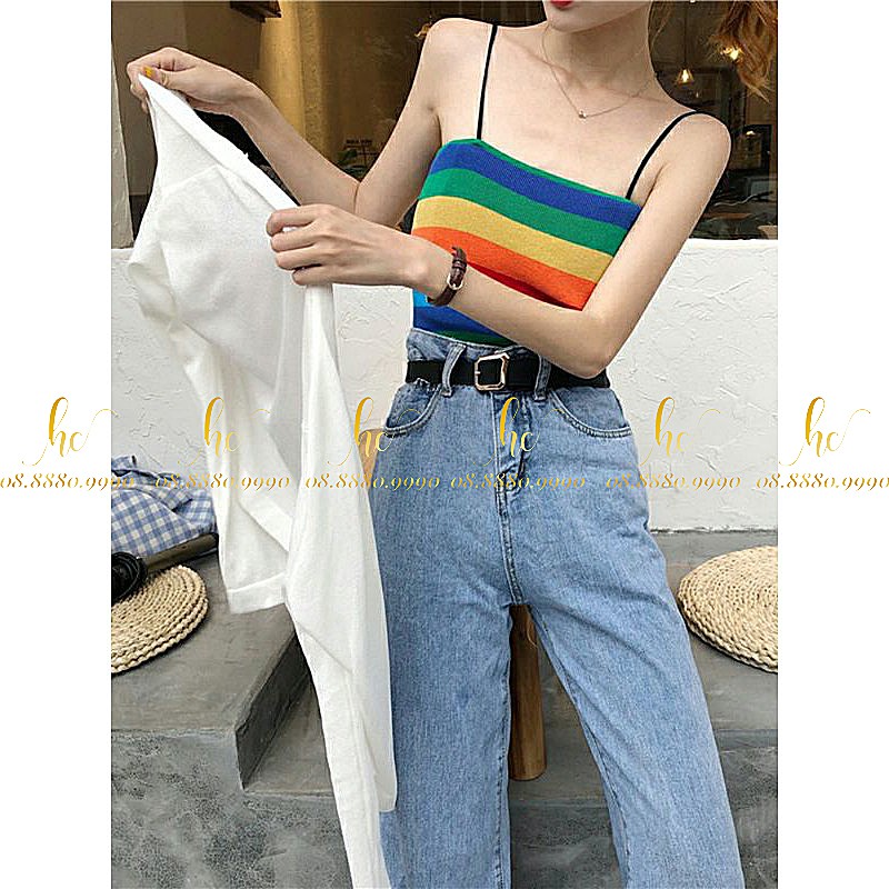 Áo 2 dây kẻ màu sắc cầu vồng nổi bật (rainbow) chất thun cotton siêu xinh Freesize 35-55kg