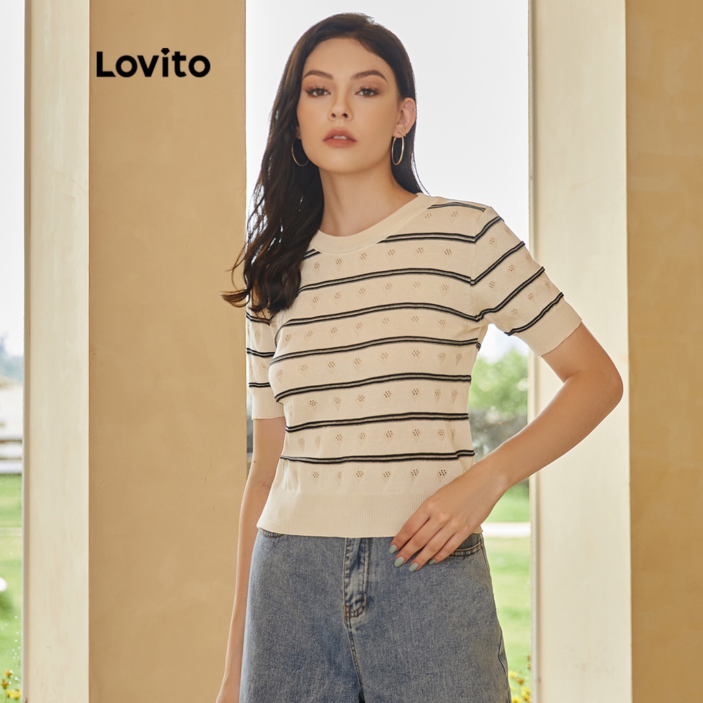 Lovito Áo dệt kim cổ tròn có sọc thường L24ED034 (Đen và Trắng)