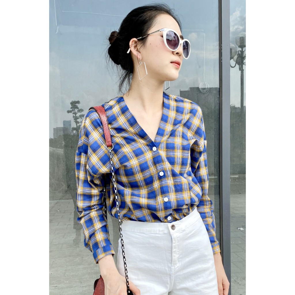 Áo sơ mi nữ form rộng tay dài kẻ caro cổ tim ASW0207 - 92Wear