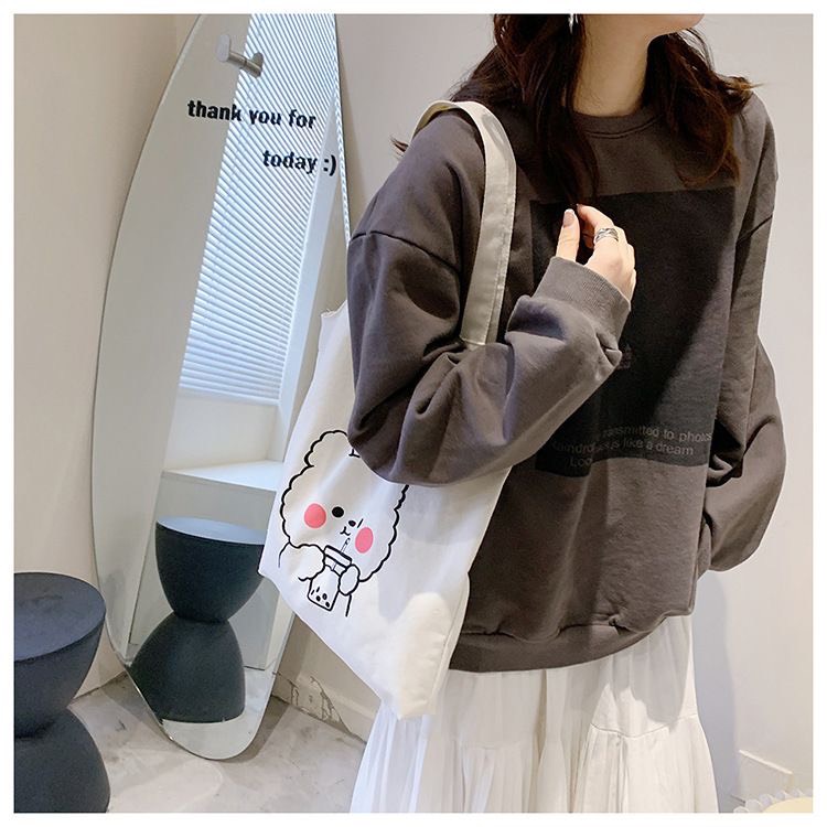 Túi Tote Trắng Vải Canvas Mềm Mịn Hình Gấu Cute Phù Hợp Cho Đi Chơi Đi Cafe