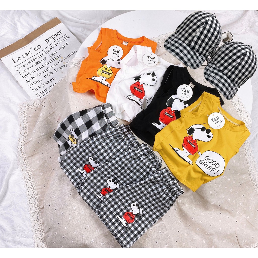 (8-22kg)Set Snoopy phối quần caro cho bé trai năng động TẶNG KÈM NÓN (hình thật)