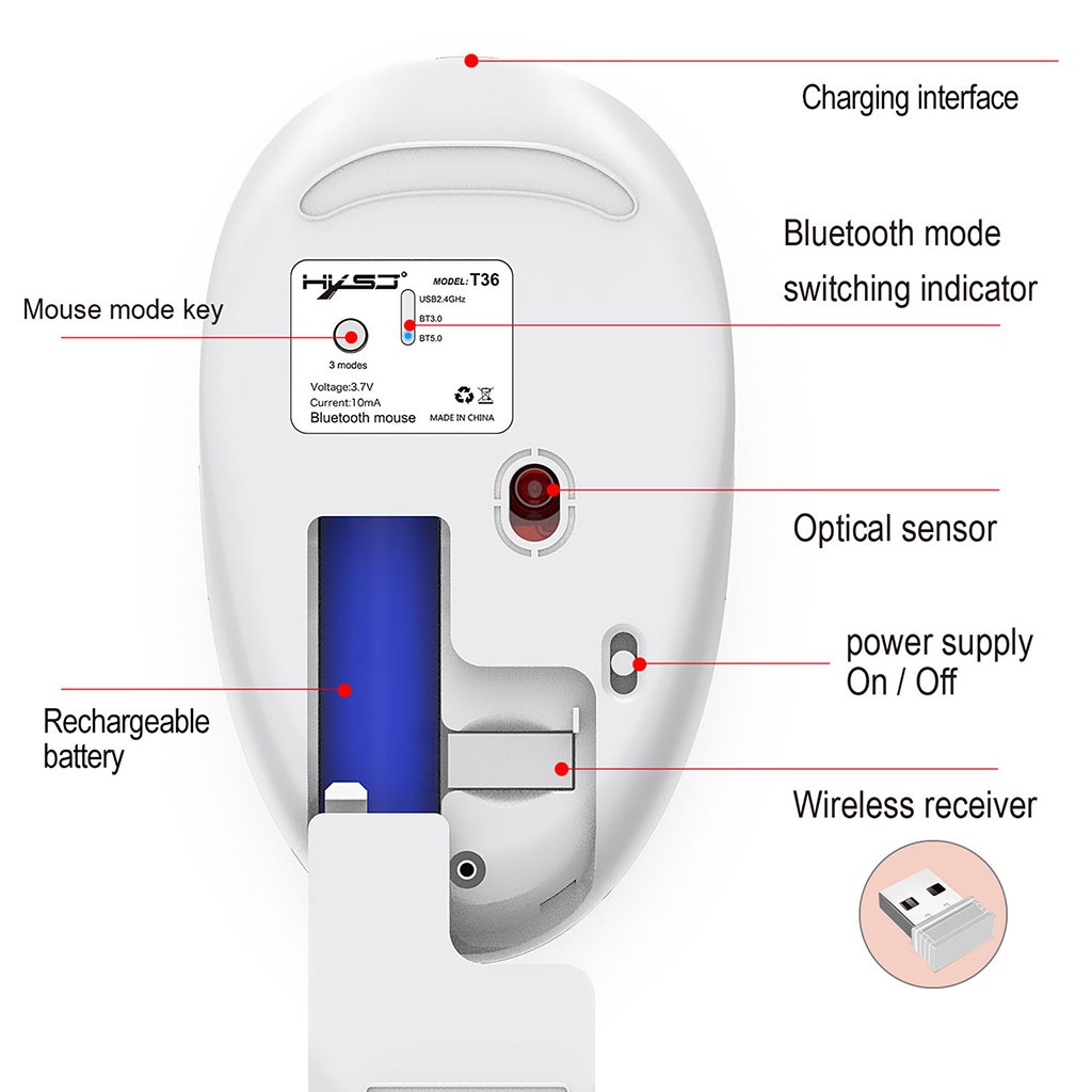 Chuột không dây bluetooth HXSJ T36 không gây tiếng ồn sạc 1 lần dùng 1 tuần kết nối 3 thiết bị cho Laptop PCTivi