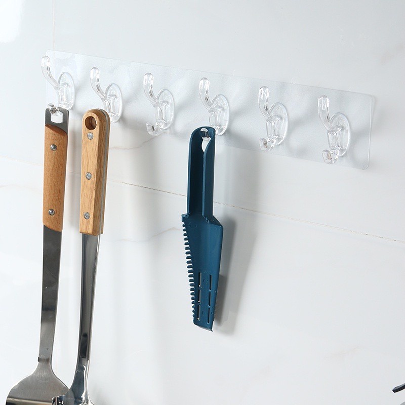 Thanh Treo Đồ Dán Tường, Móc Trong Suốt 6 Móc Liền Mạch Đa Năng Siêu Chắc Chắn Chịu Lực Cao