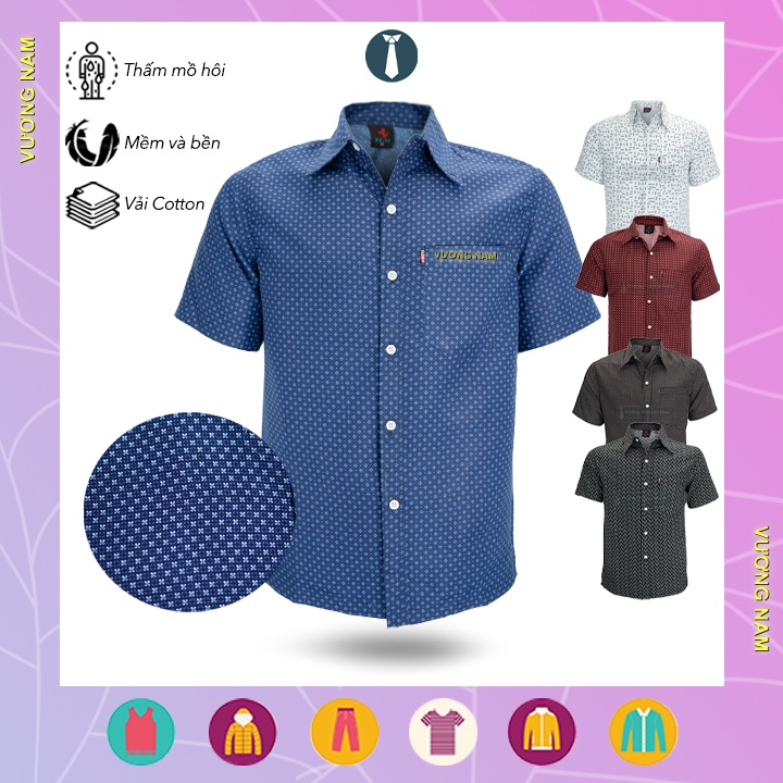 Áo sơ mi nam trung niên form rộng ngắn tay họa tiết vải cotton VN14E