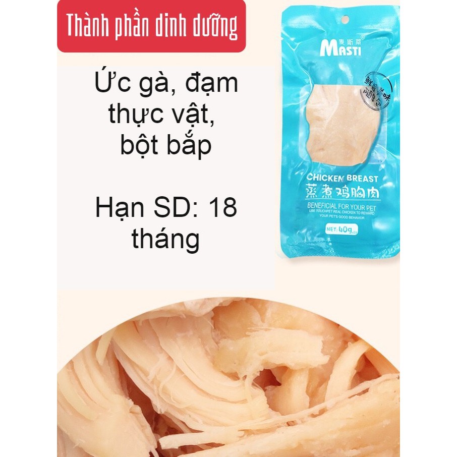 Ức gà tươi hấp ăn liền cho thú cưng chó mèo Masti, Pet Snack gói 40g