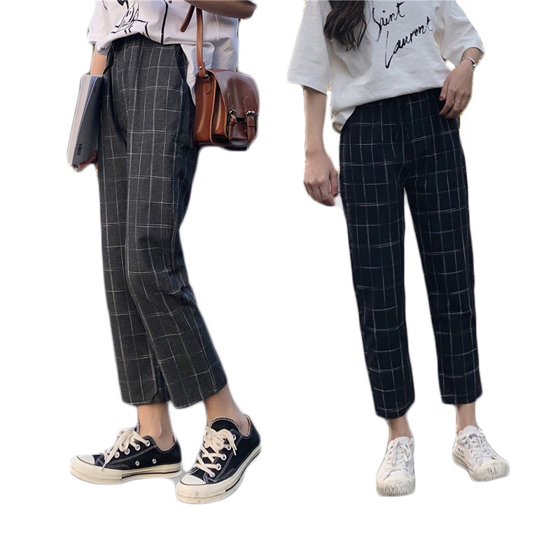 IELGY Quần Sọc Ca Rô Ống Rộng Phong Cách Hàn Quốc Harajuku Thời Trang Mùa Hè