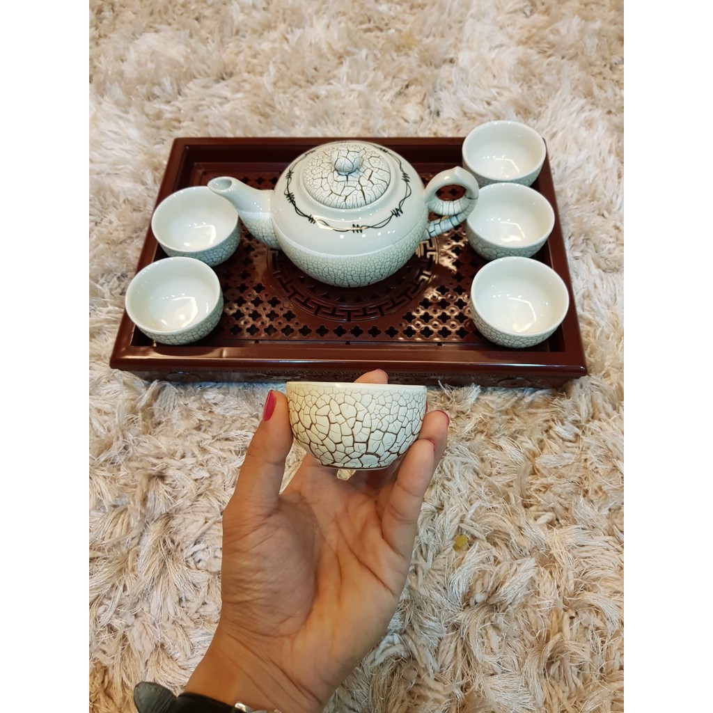 COMBO Bộ ấm chén @ men rạn + KHAY NHỰA