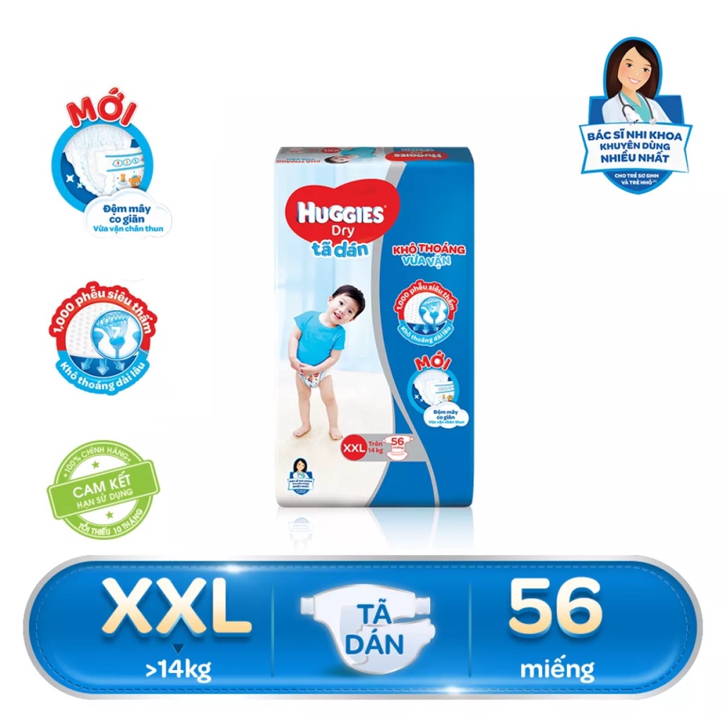 (Mẫu Đệm Mây) Bỉm Huggies Dán Size M76/L68/XL62/Xxl56