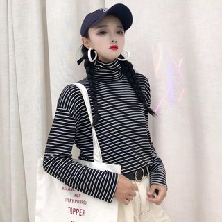 Aó thun Ulzzang áo chic màu đen và trắng sọc cao cổ áo dài tay nữ