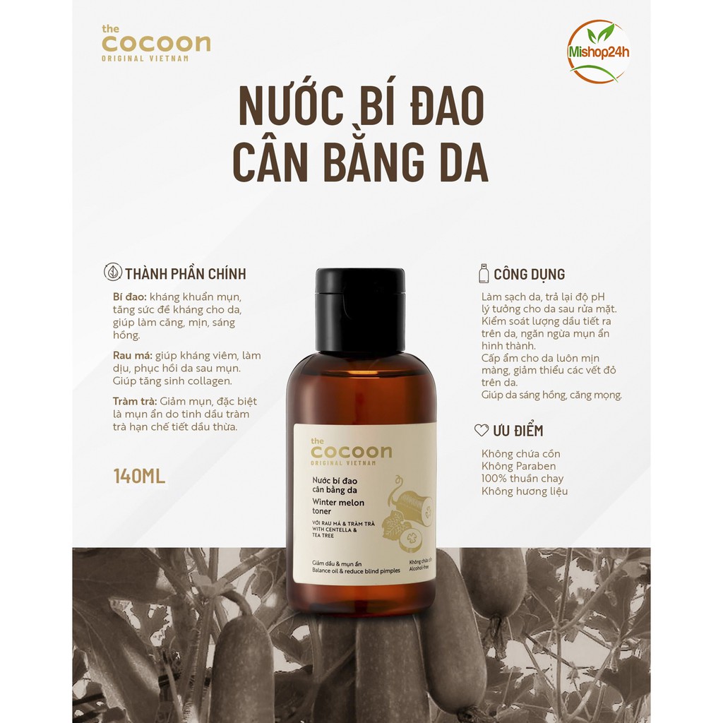 Combo Nước bí đao cân bằng da Cocoon 140ml + Nước dưỡng tóc tinh dầu bưởi Cocoon 140ml