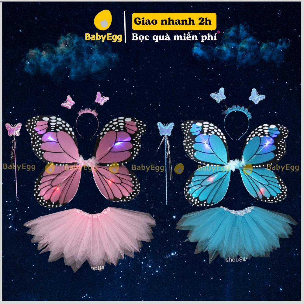 Cánh bướm cánh tiên phát sáng cho bé 4 chi tiết váy - bờm - cánh bướm - gậy phép đồ chơi trung thu có đèn lấp lánh