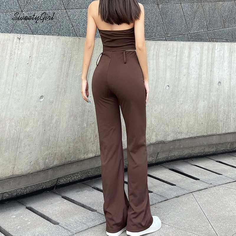 Set Áo Ống Trễ Vai Màu Sắc Đơn Giản + Quần Dài Lưng Cao Ống Đứng Thời Trang Cho Nữ