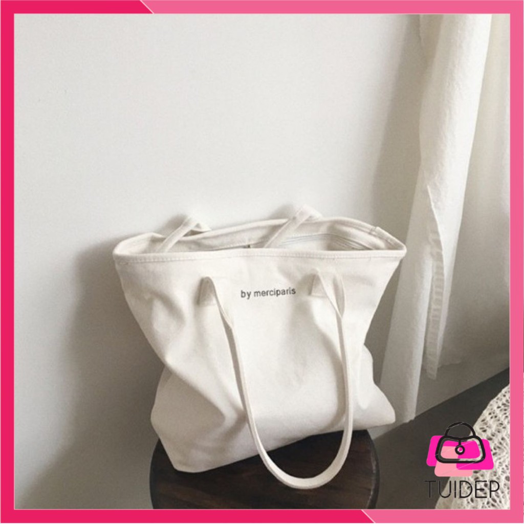 Túi tote vải túi canvas CỠ LỚN nữ unisex có khóa kéo in chữ Merciparis mềm đẹp giá rẻ phong cách Hàn Quốc Tuidepstore