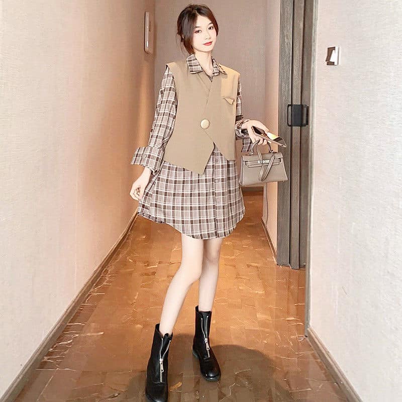 (B216)Sét đồ 2 món mảnh rời phối lại với nhau siêu xinh luôn đầm sơ mi kẻ dài tay + áo gile khoác ngoài đẹp sang hót