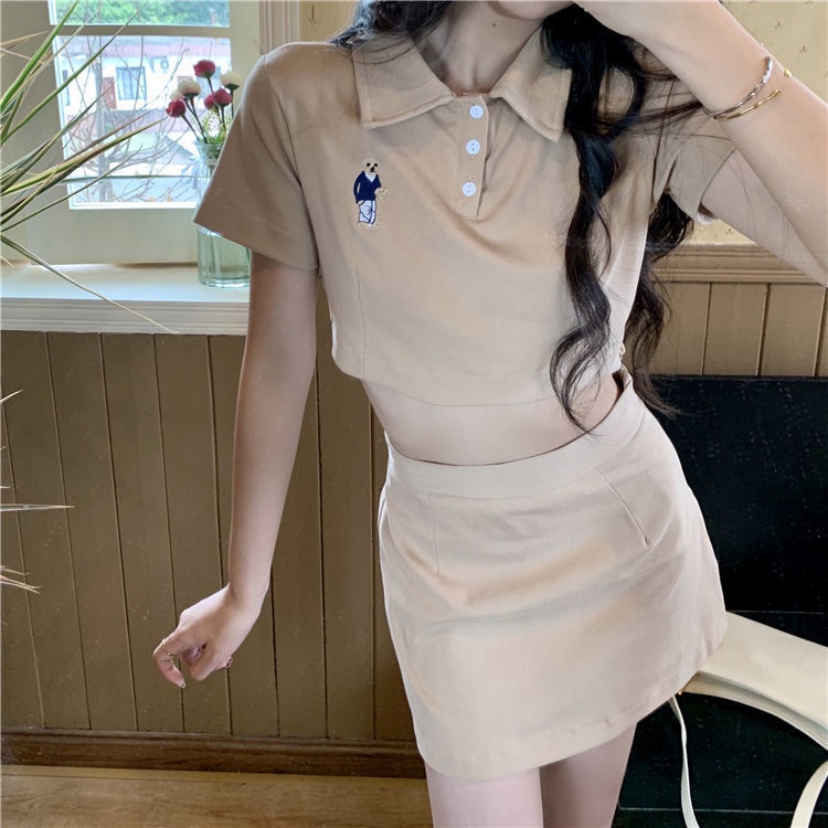 COZOKC COZOK Bộ áo thun ngắn tay + chân váy COZOK lưng cao thời trang xinh xắn đáng yêu cho nữ