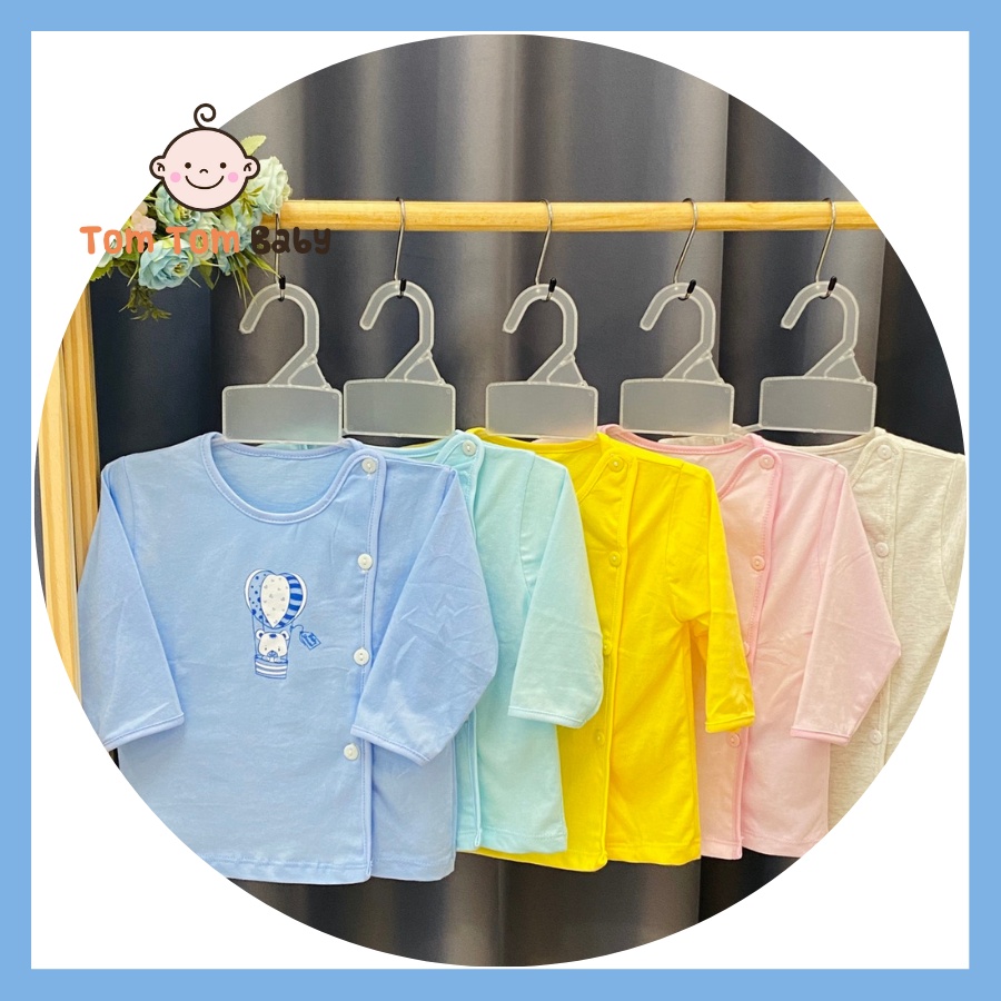 Combo 10 áo sơ sinh cotton Tay dài Màu cài nút lệch Thái Hà Thịnh - Size 1-3 cho bé sơ sinh-9kg