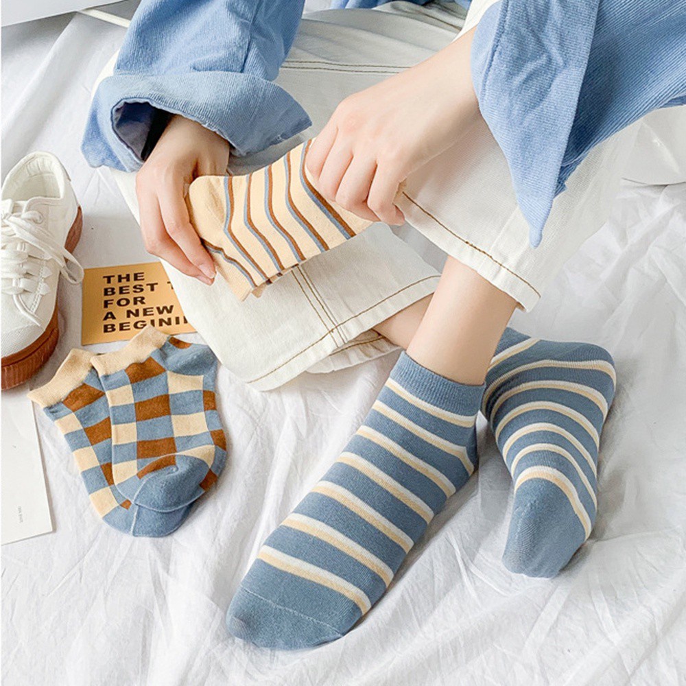 Vớ Cotton Ngắn In Họa Tiết Kẻ Sọc Màu Sắc Cổ Điển Thanh Lịch Cho Nữ