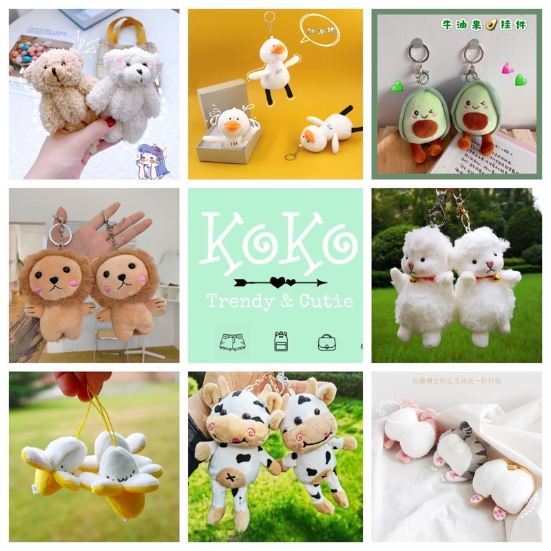 Móc khoá gấu bông vịt khủng long cừu xù ếch Kermit mèo cá sư tử xinh xắn treo balo ulzzang