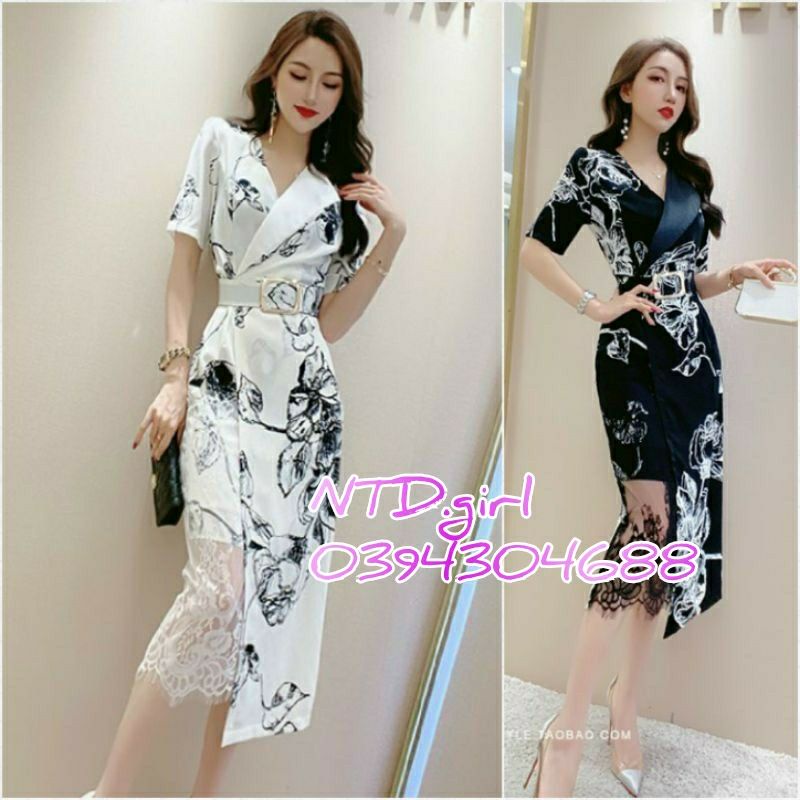 Hàng nhập - Đầm vest ôm phối chân ren sang trọng, váy lụa body công sở in hoa lá