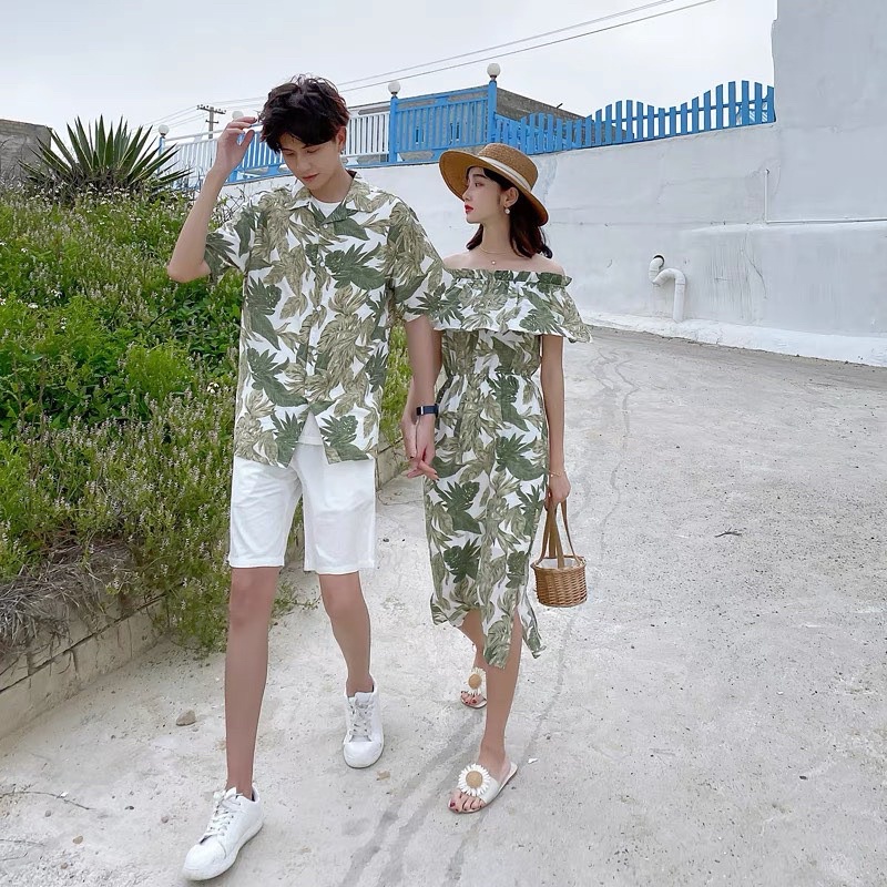 Set áo váy đôi hoạ tiết lá xanh maxi bèo vai chun eo đi biển dễ thương Forever Couple Store (giá gồm áo và váy) | BigBuy360 - bigbuy360.vn