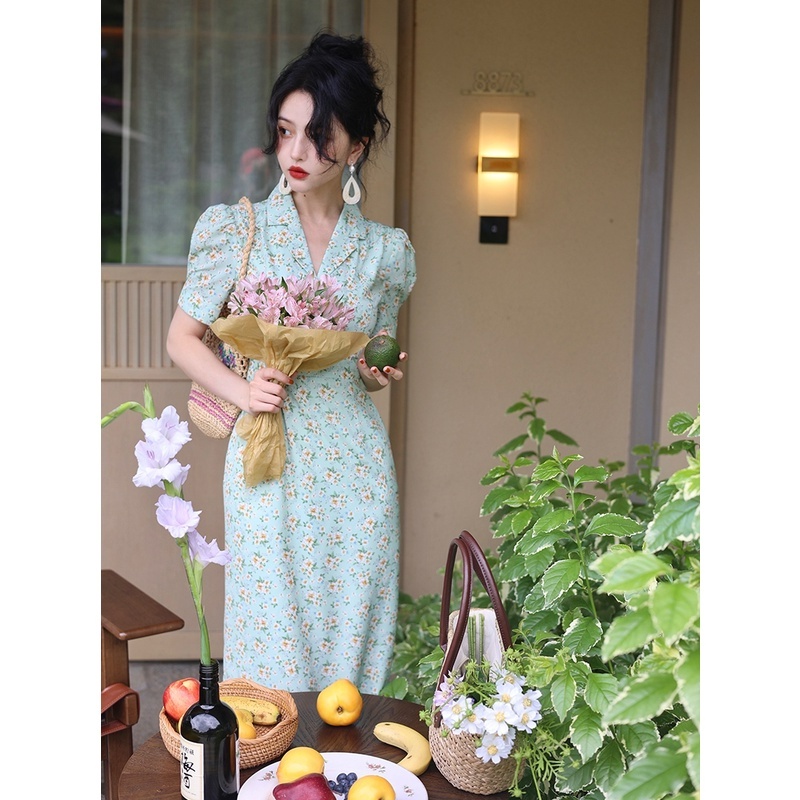 Đầm Sơ Mi Cổ Vest Phong Cách_Homemade French Retro Tea Break Veel Floral Puff Sleeve Dress