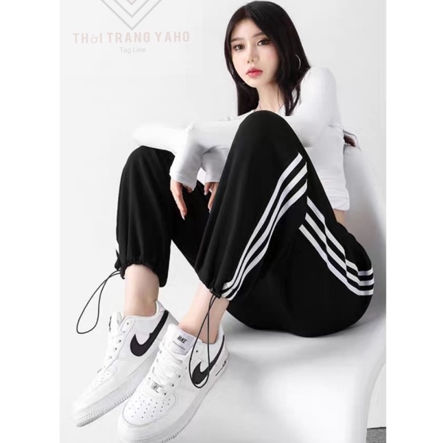 Quần thể thao nữ ống rộng 3 sọc bo gấu vải Umì Unisex đen dáng suông dài - Quần jogger nữ ống suông dây rút mặc đi học