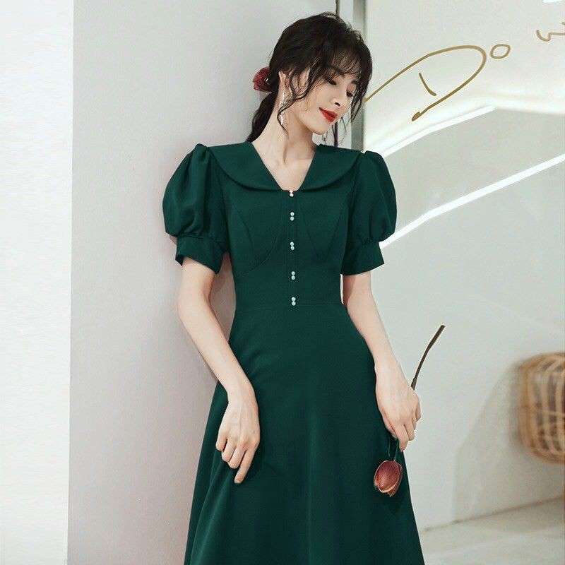 [Chất Đẹp] Váy Xòe Vintage, Đầm Xanh Rêu Tay Phồng Cách Điệu Dễ Thương, Vải Lụa Mát Mẻ, May Kĩ, Form Chuẩn