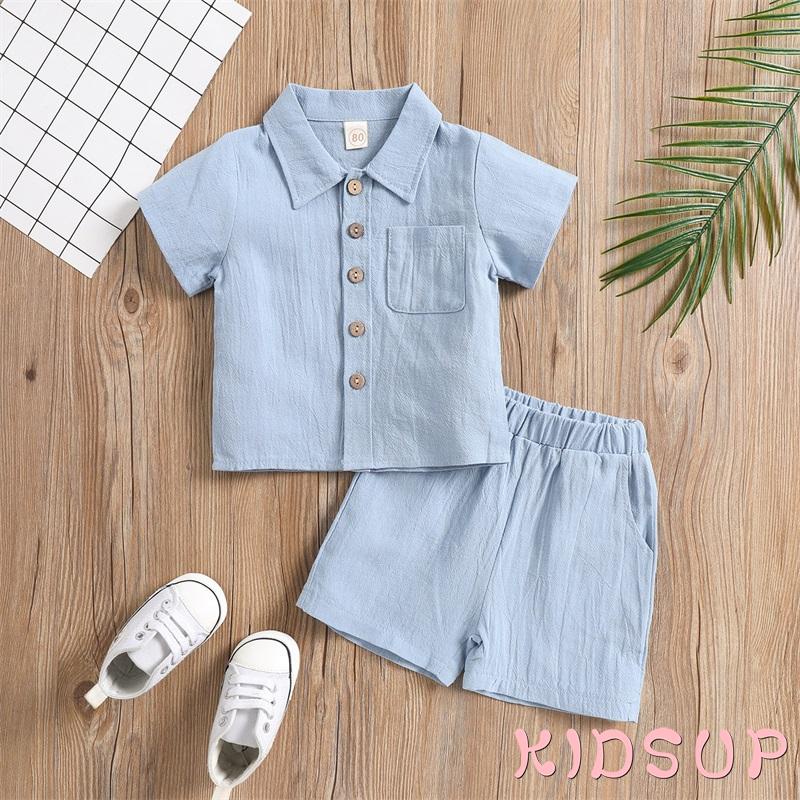 Set Đồ 2 Món Gồm Áo Tay Ngắn Cổ Bẻ Màu Trơn + Quần Short Cho Bé Trai
