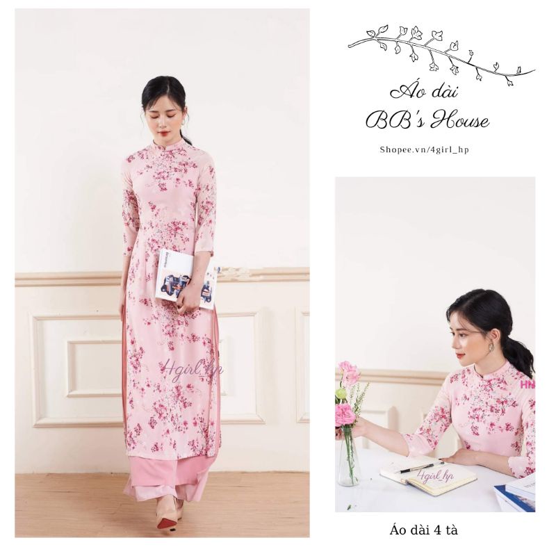 Áo dài hoa nhí 4 tà họa tiết hoa chùm cực duyên dáng