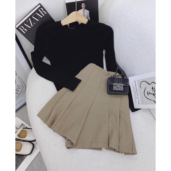 SET ÁO ĐEN TAY DÀI CV NÂU XẾP LY