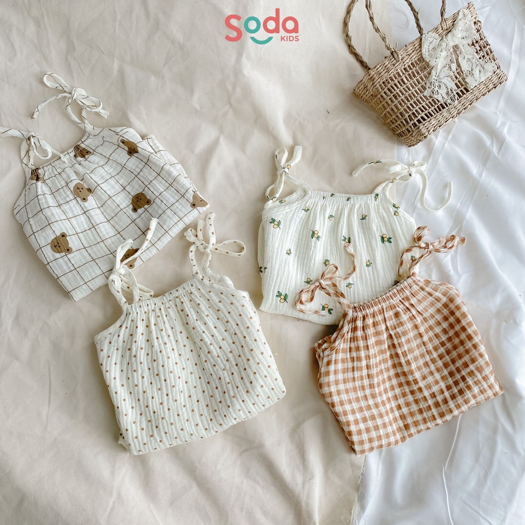 Bodysuit cho bé gái Soda Kids 2 dây nơ chất liệu xô muslin mềm mát