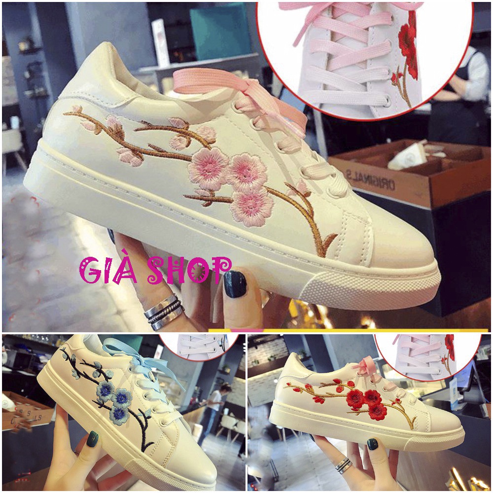 [Sz 34- 38] GIày thể thao cột dây thêu hoa hồng/ đỏ/xanh