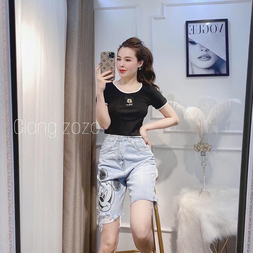 [hàng mới] ÁO CROPTOP ÔM THÊU MICKEY KIỂU DÁNG ÁO THUN COTTON CHẠY VIỀN CỔ VIỀN ÁO CROPTOP BODY ĐEN TRẮNG CHẤT ĐẸP