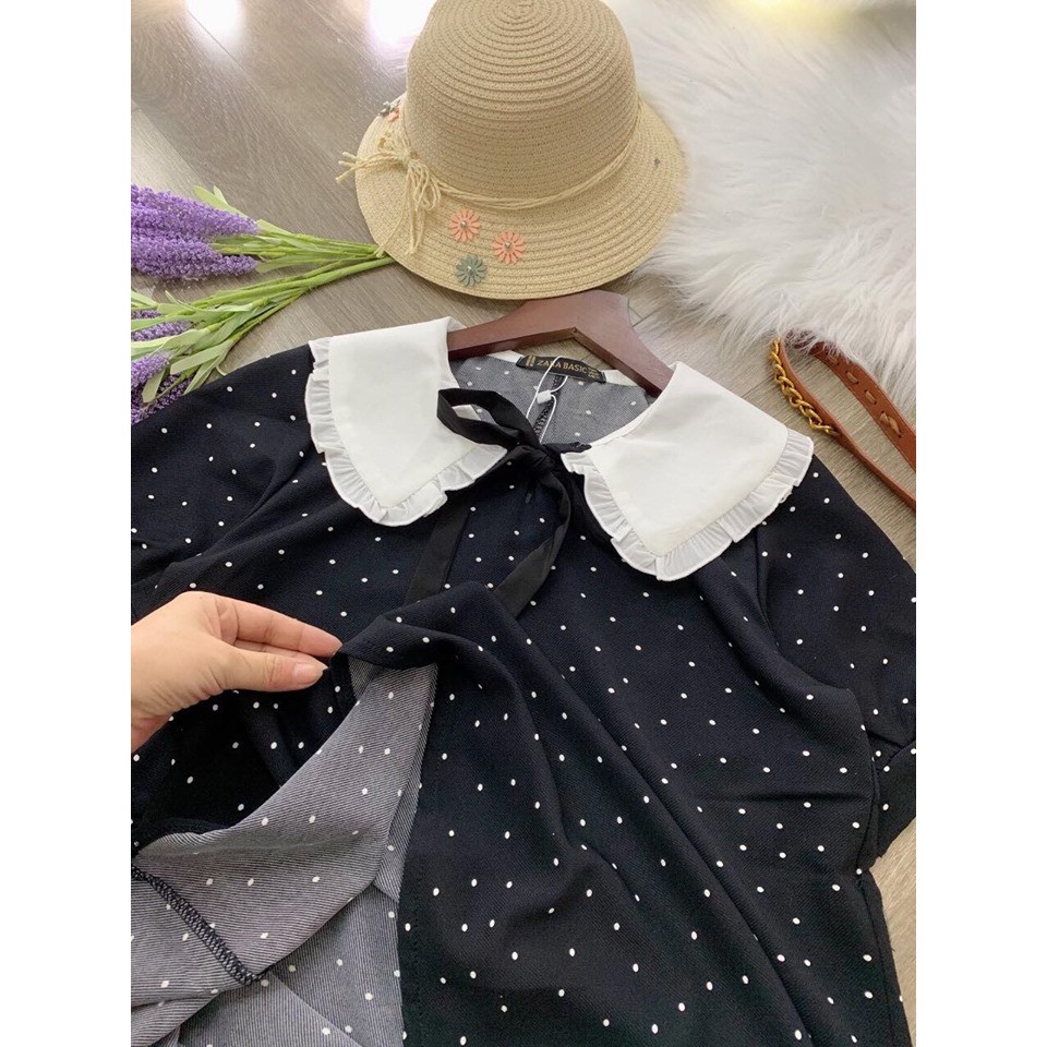 Đầm Nữ Suông Chấm Bi Cổ Bèo Trắng