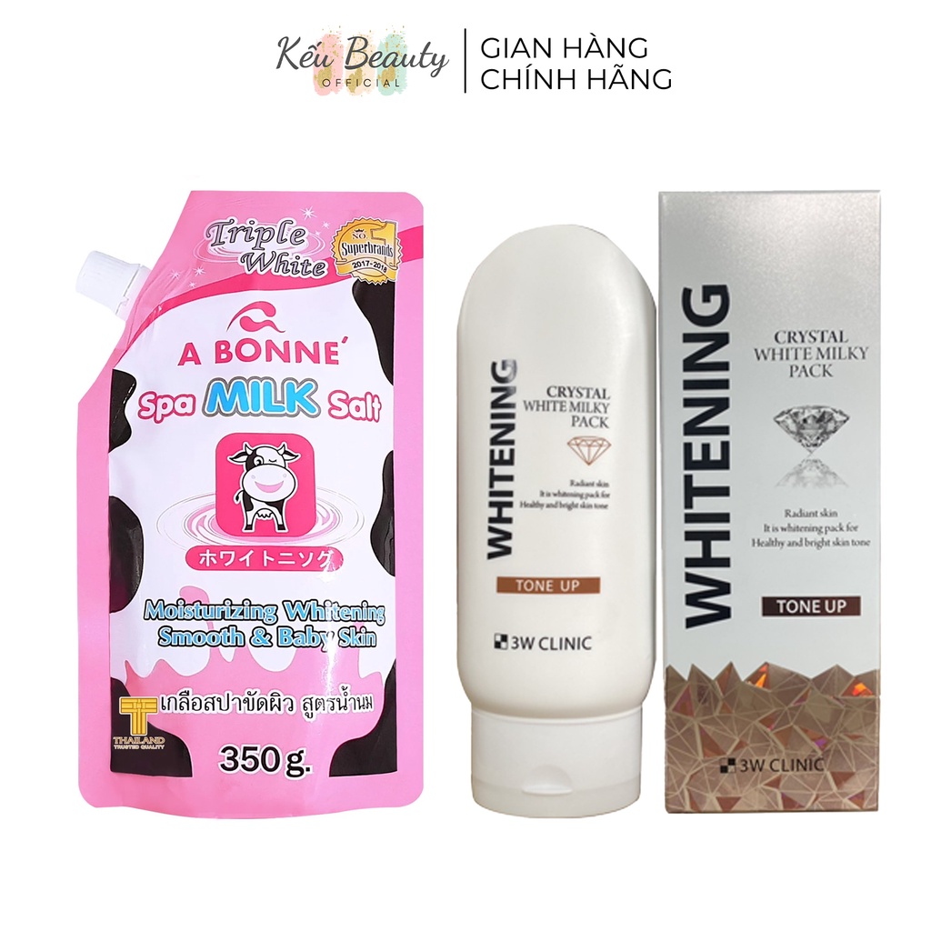 Combo muối tắm sữa bò tẩy tế bào chết A Bonne 350gr và Kem dưỡng trắng da 3W Clinic Crystal White Milky Pack 200ml