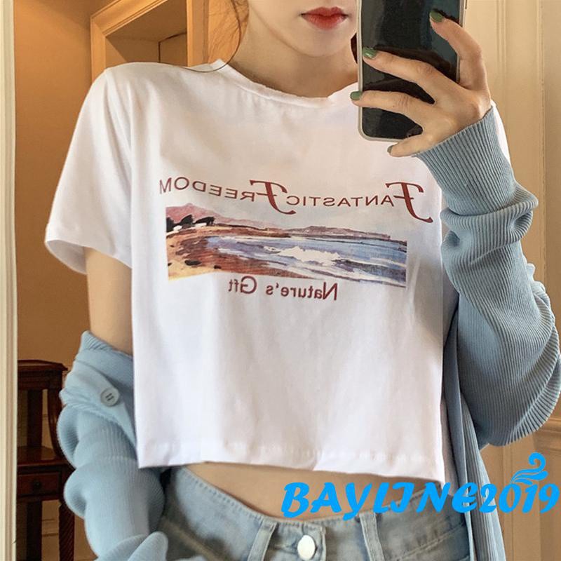 Áo Thun Croptop Tay Ngắn Cổ Tròn In Chữ Thời Trang Mùa Hè Cho Nữ