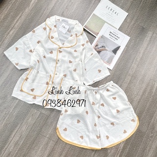 pijama cánh dơi lụa mango hoạ tiết trái tim