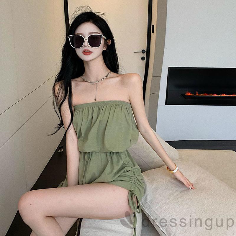 Áo Liền Quần Lưng Cao Trễ Vai Phối Dây Rút Thời Trang Xuân Thu Cho Nữ