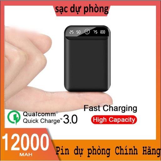 Sạc dự phòng mini 12000mAh Có Màn Hình LCD Hiển Thị Hỗ trợ sạc nhanh 2 Chiều Pin dự phòng Chính Hãng
