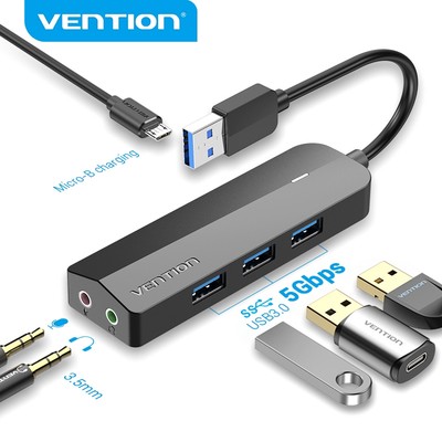 Hub chia Vention 3 cổng USB 3.0 cổng chuyển đổi âm thanh tốc độ cao 5Gbps chuyên dụng cho PC Laptop