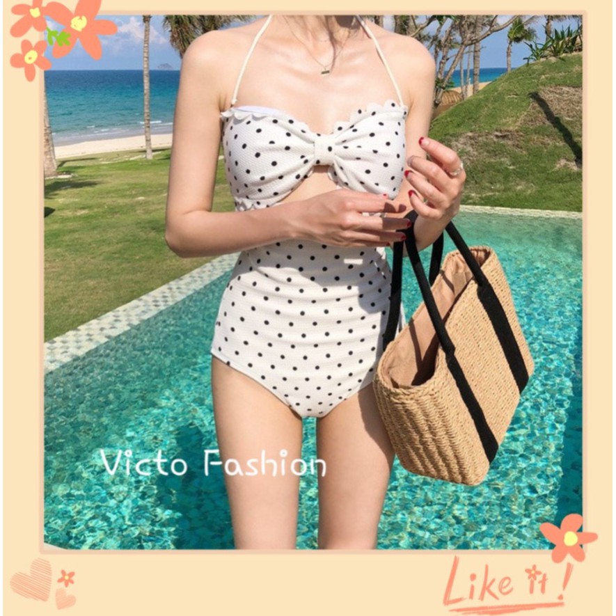 Bikini Một Mảnh Chấm Bi Hàn Quốc Đồ Bơi Nữ Liền Mảnh Viên Bèo Buộc Nơ Cạp Cao Che Bụng Áo Tắm Đi Biển Quần Tam Giác