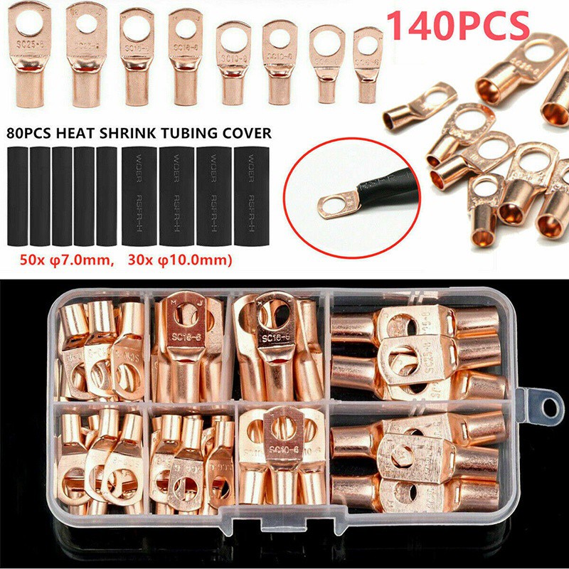 140Pcs Assorted Car Auto Copper Ring Lug Terminal Wire Bare Cable Crimp Connectors Crimp Terminal Assorted Kit