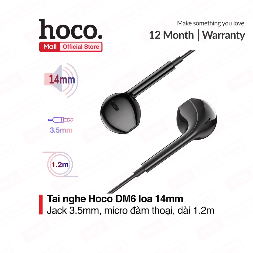Tai nghe nhét tai Hoco DM6 jack 3.5mm, loa 14mm, micro đàm thoại, cho nhiều thiết bị, dây ABS + TPE tráng men, dài 120cm